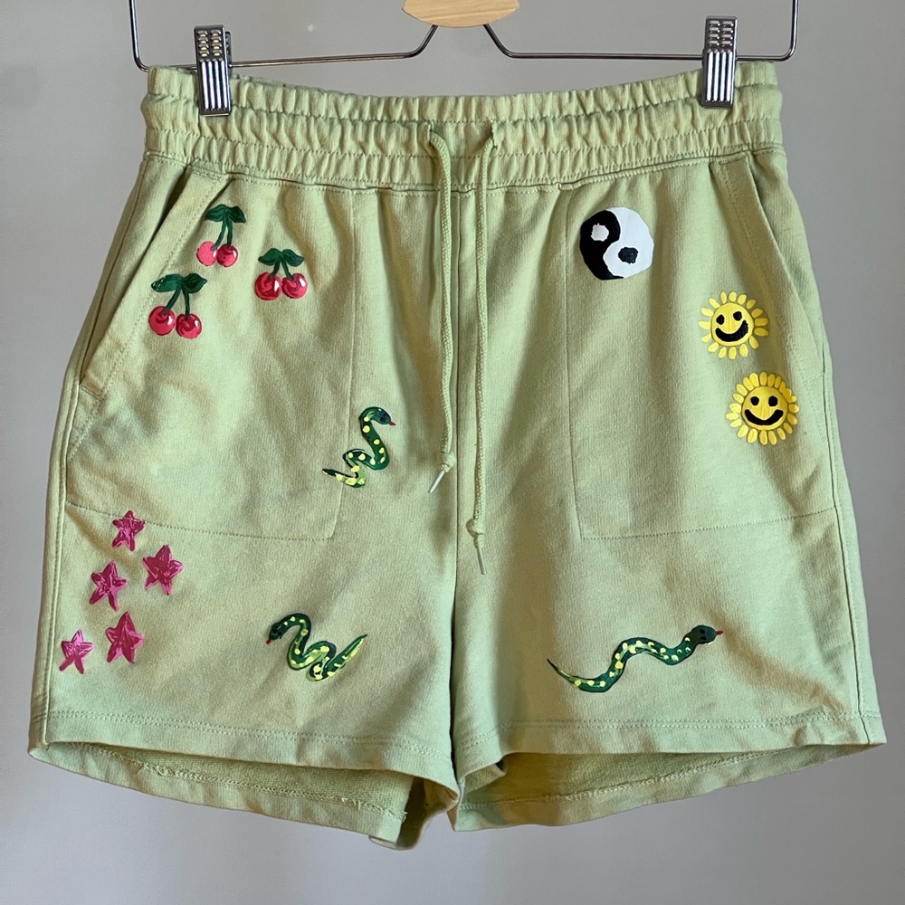 Urban Outfitters Green and Yellow Cargo Shorts with Playful Embroidery